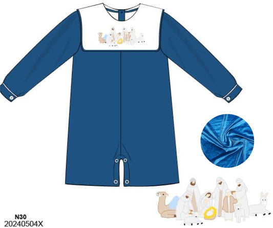 RTS: Blue Velvet Nativity- Boys Embroidered Shortall