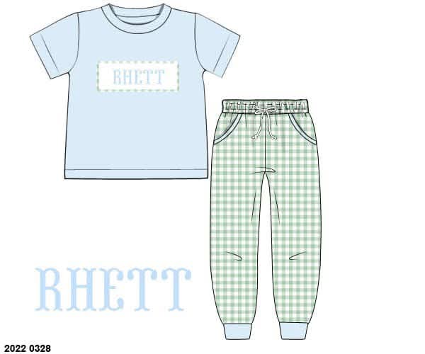 Pre Order 149: Everyday Name Smocks- Boys Asher Blue & Aqua Foam Gingham Jogger Set