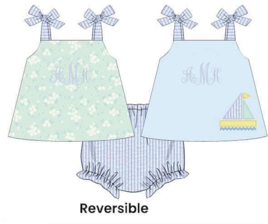 RTS: Choo Choo Boats- Girls Woven/Knit Reversible Diaper Set “AMK”