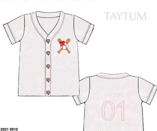 RTS: Bitty Dot Baseball- Unisex Pink Dot Knit Jersey 24M “TAYTUM”
