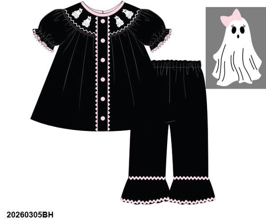RTS: Gingham Ghost- Girls Smocked Velvet Pant Set