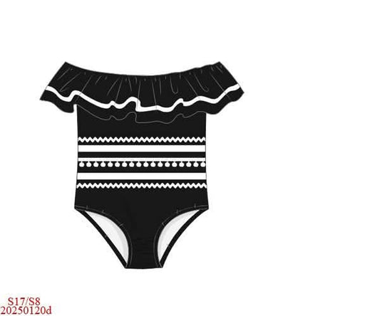 Pre Order 138: Black & White Swim- Girls 1pc Ruffle Swim