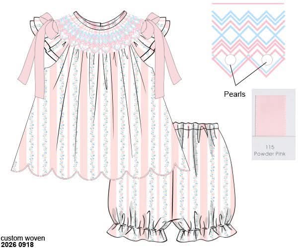 Pre Order 152: Girls Only- Ribbons & Pearls Babygirl Smocked Bubble Short Set