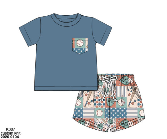 Pre Order 138: Simple Knit Sets- Boys Baseball Patchwork Knit Shortie Set