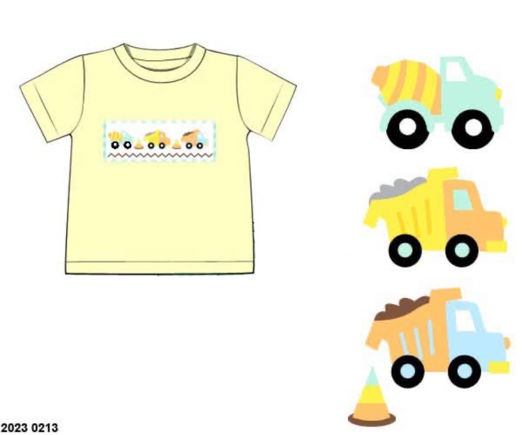 Pre Order 146: Things That GO- Girls Pale Yellow Smocked Construction Shirt