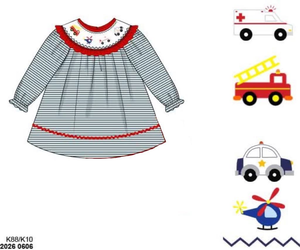 Pre Order 146: Things That GO- Girls Smocked Emergency Vehicles Shirt