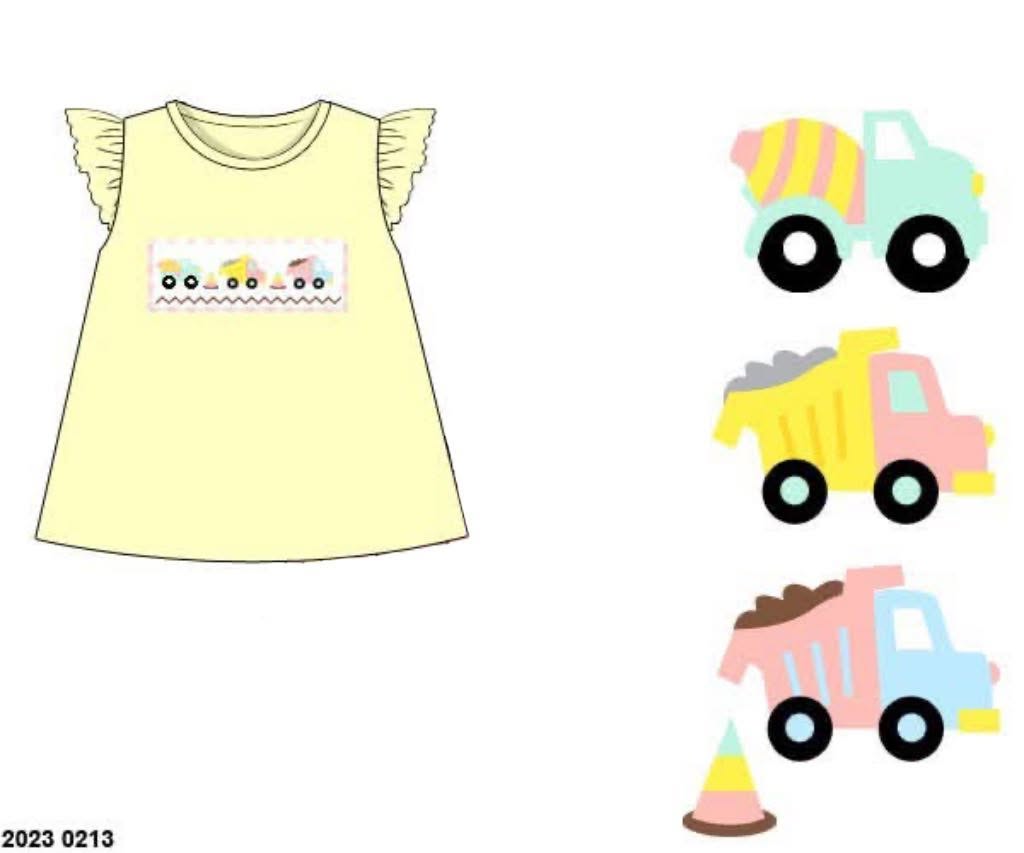 Pre Order 146: Things That GO- Girls Pale Yellow Smocked Construction Shirt