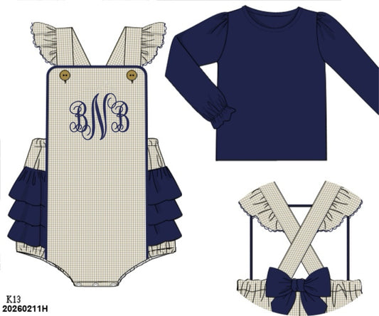 RTS: Navy & Tan Gingham- Girls 2pc Woven Bubble (No Monogram)