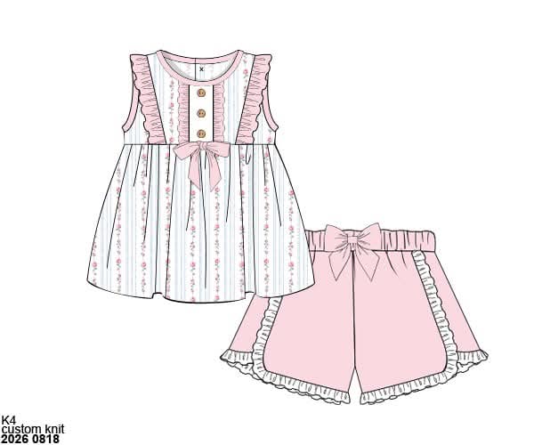 Pre Order 149: Lyndsey's Floral & Stripe- Girls Knit Short Set