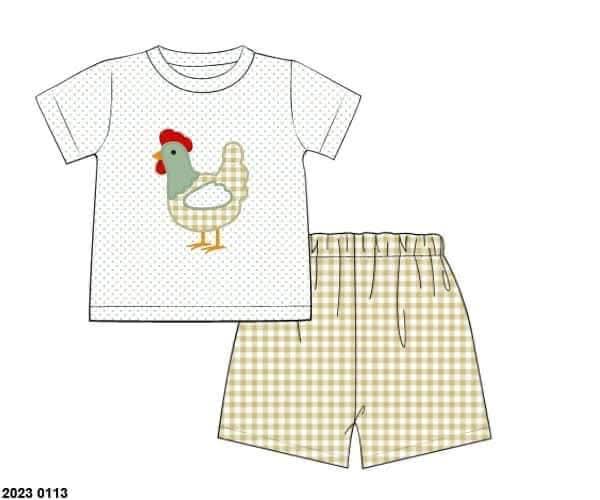 Pre Order 147: Rep Request- Boys Chicken Appliqué Angled Short Set