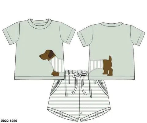 Pre Order 147: Dachshund Appliqué- Boys Knit Shortie Set