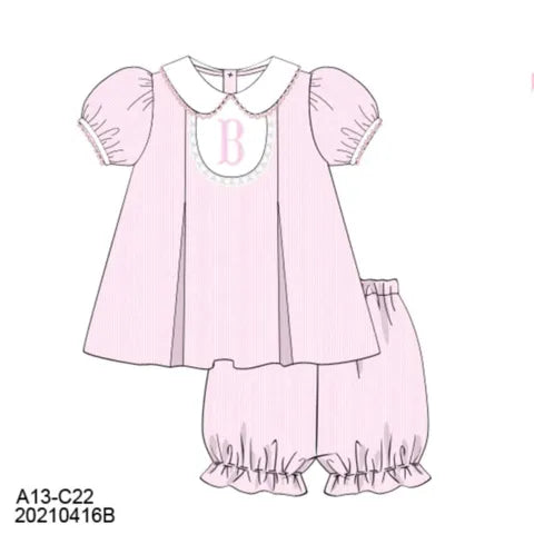 Pre Order 147: Simple Monogram- Girls Woven Bubble Short Set