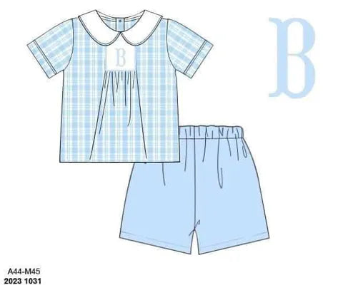 Pre Order 147: Simple Monogram- Boys Woven Angled Short Set