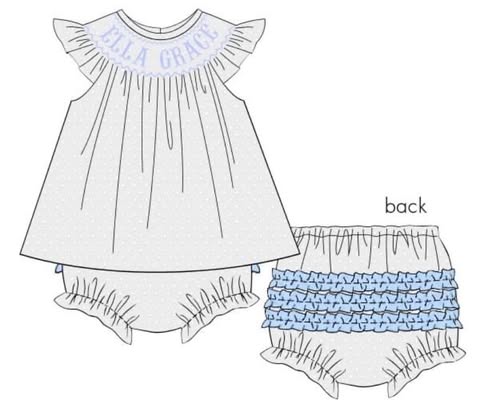Throwback Pre Order: Girls Only- Swiss Dot Name Smock Bloomer Set