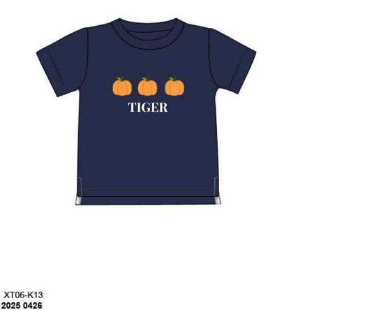 RTS: Navy & Seersucker Check Pumpkins- Boys Knit Shirt "TIGER"
