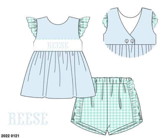 Pre Order 149: Everyday Name Smocks- Girls Asher Blue & Mint Gingham Shortie Set