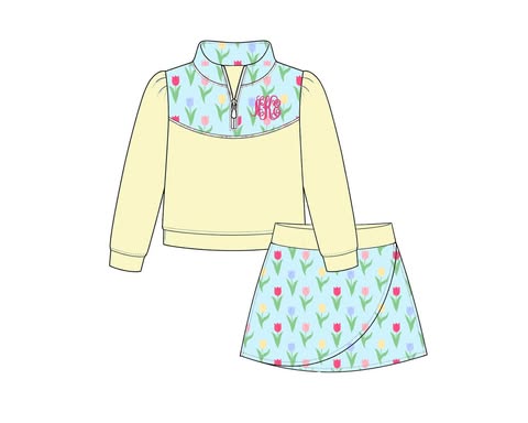 Special Pricing Presale: Tabby's Tulips & Trevor Plaid- Girls Knit Pullover & Skort Set