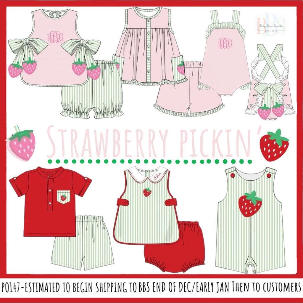 Pre Order 147: Strawberry Pickin'- Boys Appliqué Woven Shortall