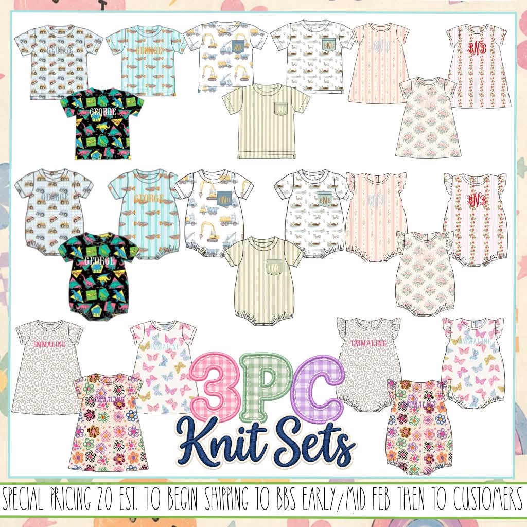 Special Pricing 2.0: 3pc Knit Pack- Girls Dainty Stripe, Kay Kay Floral, & Strawberry Vine Bubbles