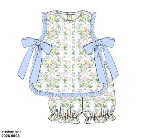 Pre Order 149: Mary-Keene Floral & Stripes- Girls Knit Bubble Short Set