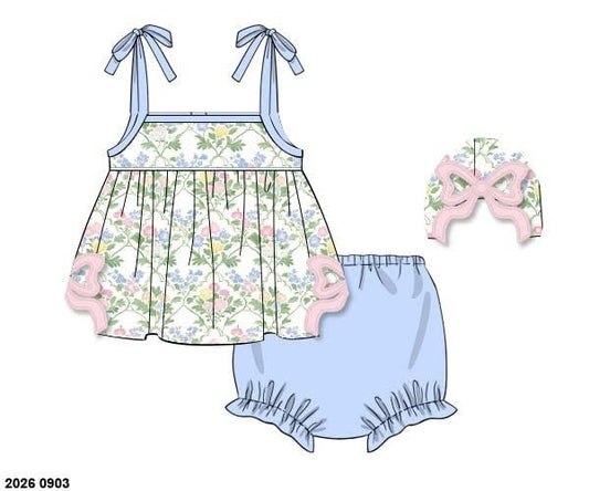 Pre Order 149: Mary-Keene Floral & Stripes- Girls Knit Bloomer Set