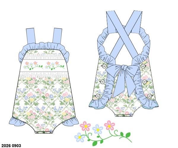 Pre Order 149: Mary-Keene Floral & Stripes- Girls Knit Sunsuit