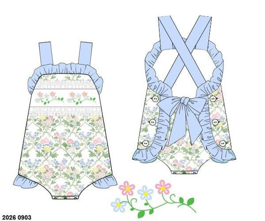 Pre Order 149: Mary-Keene Floral & Stripes- Girls Knit Sunsuit