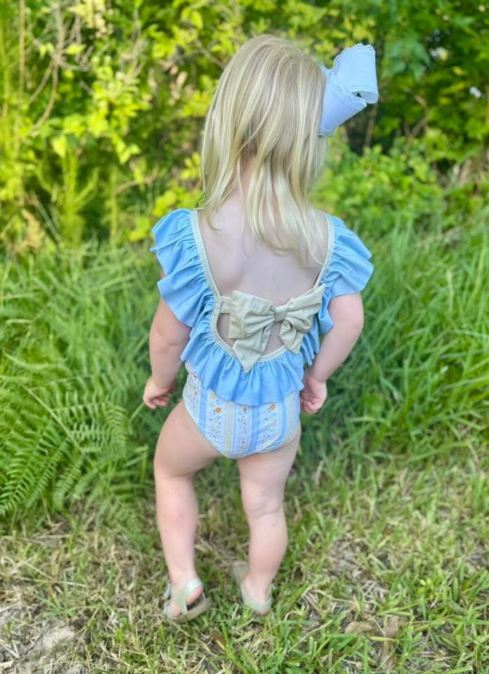 RTS: Goldie Floral- Girls Floral 1pc Yellow Bow Swimsuit