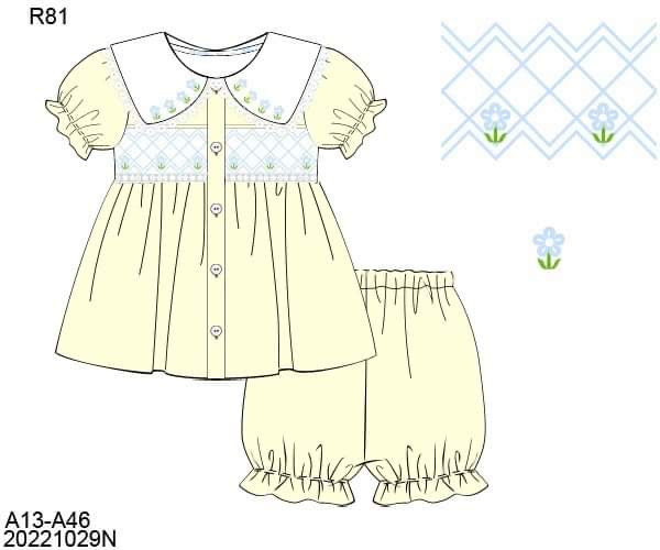 Pre Order 149: Bonnie Kate's Petals- Girls Geometric Smock Bubble Short Set