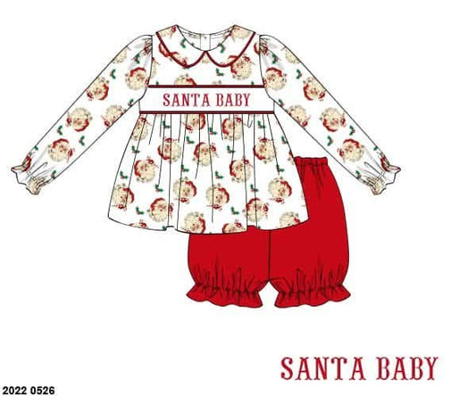 *CHRISTMAS RTS: Vintage Santa Name Smocks- Girls Knit Bubble Short Set