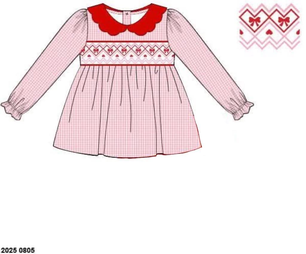 Pre Order 146: Valentines- Girls Long Sleeve Geo Smocked Heart Bow Woven Shirt