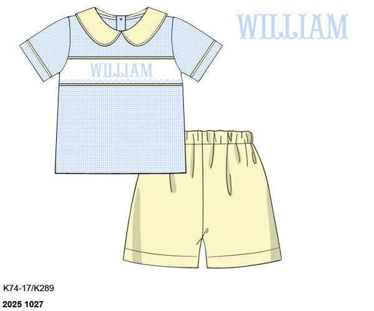 Pre Order 147: Birdie & Blue- Boys Name Smock Woven Short Set