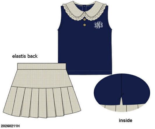RTS: Navy & Tan Gingham- Girls Woven Skort Set
