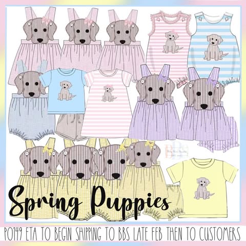 Pre Order 149: Spring Puppy- Purple Seersucker Girls Sunsuit
