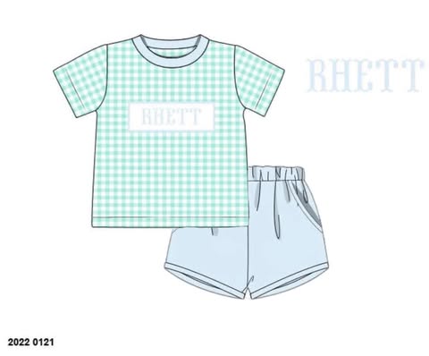 Pre Order 149: Everyday Name Smocks- Boys Asher Blue & Mint Gingham Shortie Set