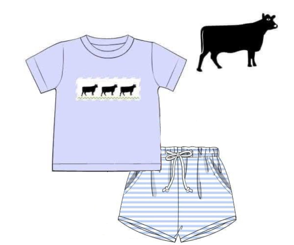 Pre Order 149: Boys Only- Smocked Cow Shortie Set