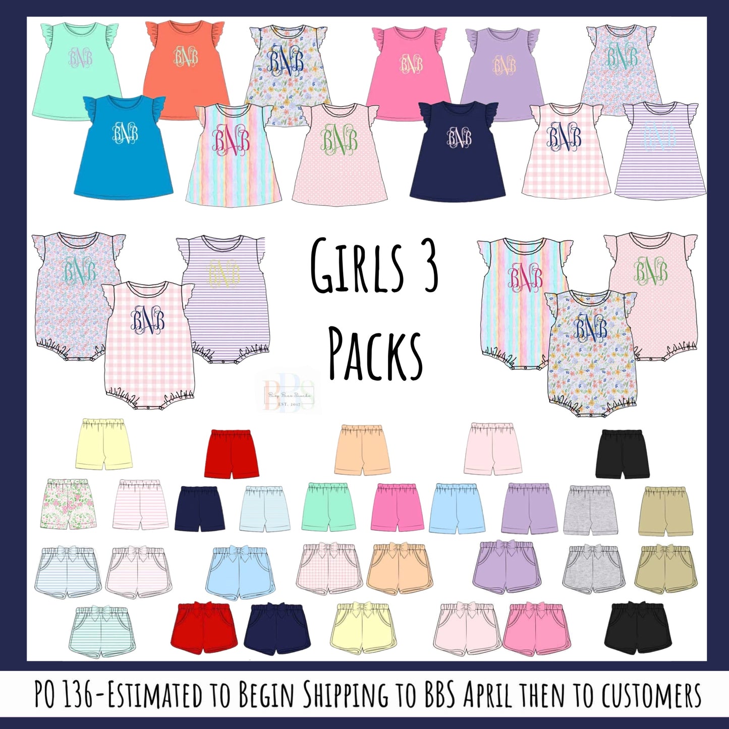 Pre Order 136: 3pc Bubble Pack- Girls Rainbow Stripe, Pink Polka Dot, and Floral