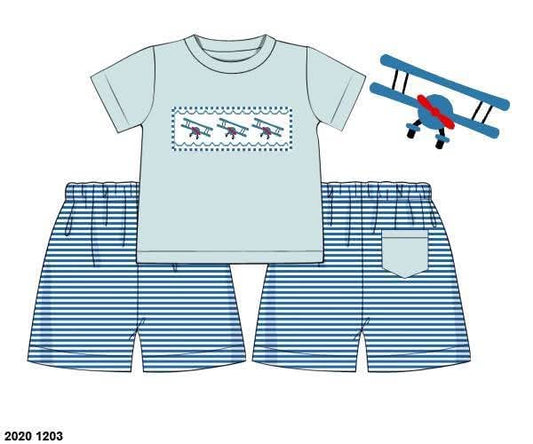 Pre Order 141: Boys Only- Smocked Airplane Short Set