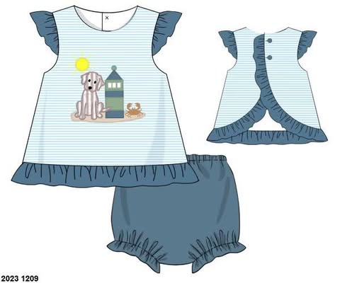 Pre Order 152: Lighthouse Guard Dog- Girls Applique Bloomer Set