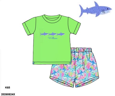 Pre Order 152: Neon Sharks- Boys Knit Shortie Set