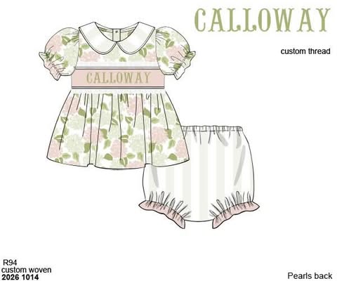 Pre Order 152: Calloway Hydrangeas- Girls Name Smock Bloomer Set