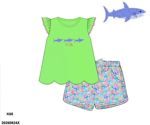 Pre Order 152: Neon Sharks- Girls Knit Shortie Set