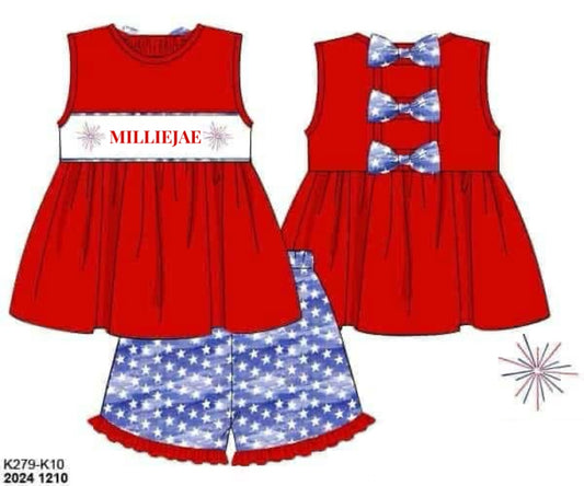 RTS: Patriotic Name Smocks- Girls Stars Knit Short Set “MILLIEJAE”