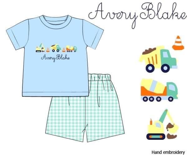 Pre Order 139: French Knot Construction- Boys Knit Angled Short Set