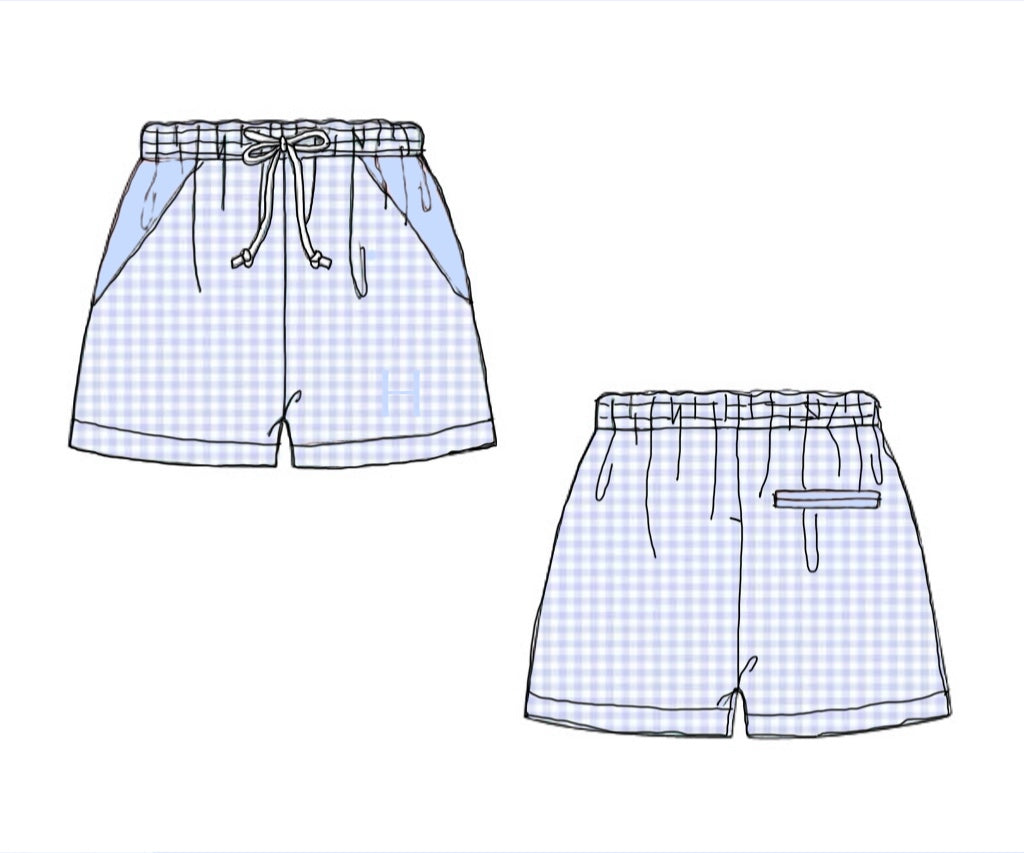Pre Order 148: Izzy Floral & Blue Gingham- Dad/Mini Woven Traditional Swim Shorts