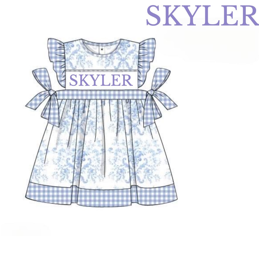 RTS: Defect- Girls Periwinkle & Toile Name Smock Dress "Skyler"