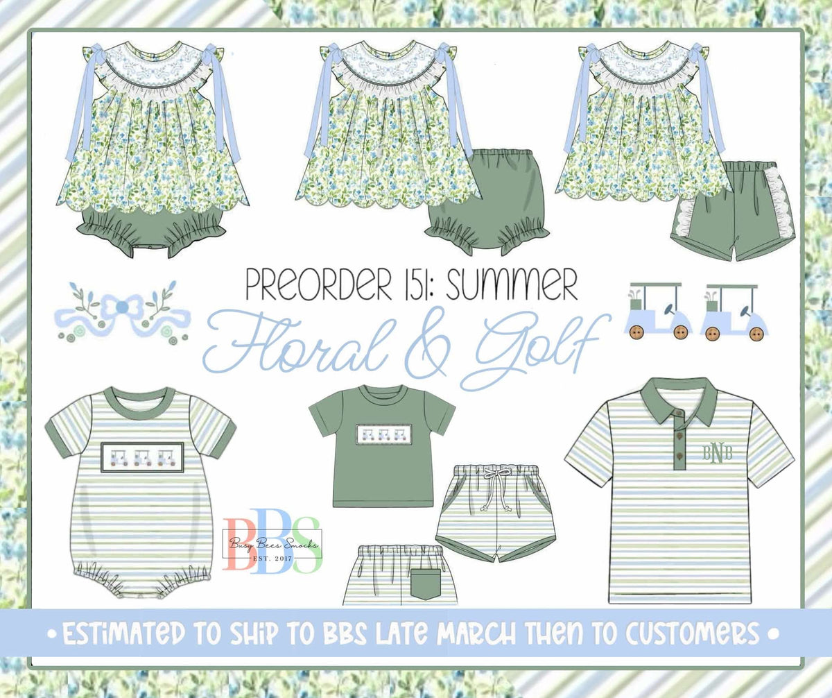 Pre Order 151: Floral & Golf- Girls Smocked Skirted Knit Bubble