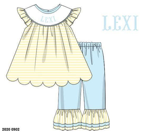 Pre Order 149: Everyday Name Smocks- Girls Blue & Yellow Stripe Ruffle Pant Set