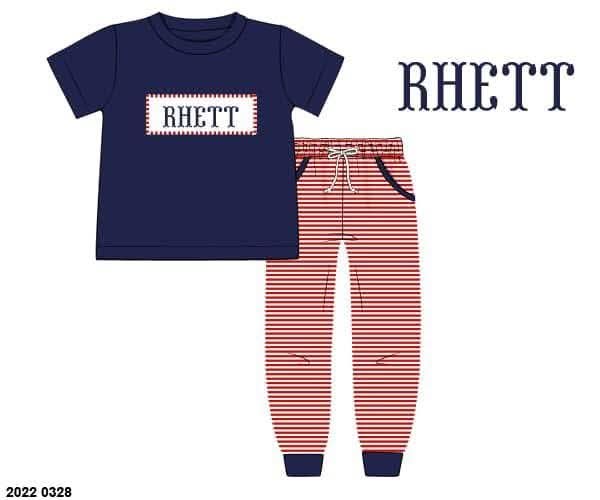 Pre Order 149: Everyday Name Smocks- Boys Navy & Red Stripe Knit Jogger Set