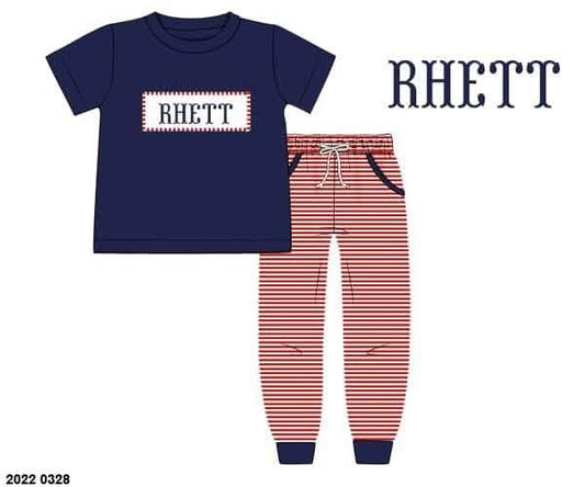 Pre Order 149: Everyday Name Smocks- Boys Navy & Red Stripe Knit Jogger Set